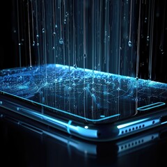 Transparent smartphone screen with rain animation showing shopping offers and discounts, blending modern ecommerce design with weather effects for engaging user experience. AI generated illustration.