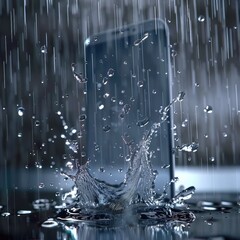 Transparent smartphone screen with rain animation showing shopping offers and discounts, blending modern ecommerce design with weather effects for engaging user experience. AI generated illustration.