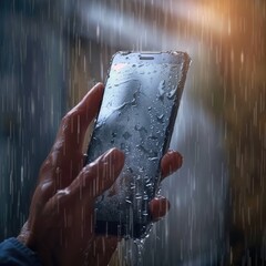 Transparent smartphone screen with rain animation showing shopping offers and discounts, blending modern ecommerce design with weather effects for engaging user experience. AI generated illustration.