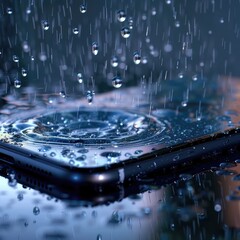 Transparent smartphone screen with rain animation showing shopping offers and discounts, blending modern ecommerce design with weather effects for engaging user experience. AI generated illustration.