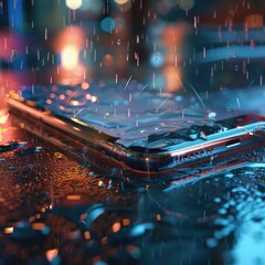Transparent smartphone screen with rain animation showing shopping offers and discounts, blending modern ecommerce design with weather effects for engaging user experience. AI generated illustration.