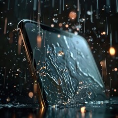 Transparent smartphone screen with rain animation showing shopping offers and discounts, blending modern ecommerce design with weather effects for engaging user experience. AI generated illustration.
