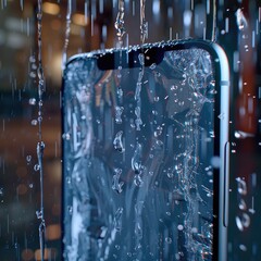 Transparent smartphone screen with rain animation showing shopping offers and discounts, blending modern ecommerce design with weather effects for engaging user experience. AI generated illustration.