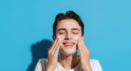 Fototapeta premium Happy young man washing his face with cleanser on a blue background. Daily skincare routine for men. Male beauty and hygiene concept with a smile and closed eyes
