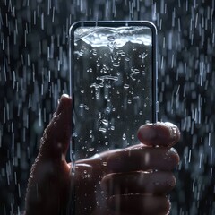 Transparent smartphone screen with rain animation showing shopping offers and discounts, blending modern ecommerce design with weather effects for engaging user experience. AI generated illustration.
