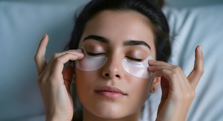 Woman applying hydrogel eye patches while lying in bed. Night beauty routine for skin rejuvenation and anti aging. self care and relaxation concept at home