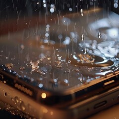 Transparent smartphone screen with rain animation showing shopping offers and discounts, blending modern ecommerce design with weather effects for engaging user experience. AI generated illustration.