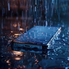 Transparent smartphone screen with rain animation showing shopping offers and discounts, blending modern ecommerce design with weather effects for engaging user experience. AI generated illustration.