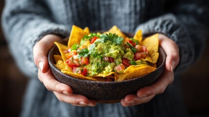 Close up image of People hands holding Mexican tortilla chips and guacamole bowl	
