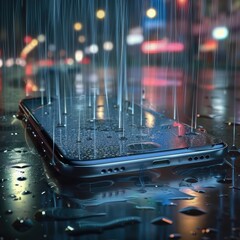 Transparent smartphone screen with rain animation showing shopping offers and discounts, blending modern ecommerce design with weather effects for engaging user experience. AI generated illustration.