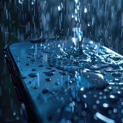 Transparent smartphone screen with rain animation showing shopping offers and discounts, blending modern ecommerce design with weather effects for engaging user experience. AI generated illustration.