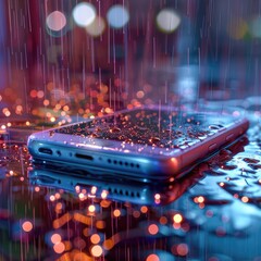Transparent smartphone screen with rain animation showing shopping offers and discounts, blending modern ecommerce design with weather effects for engaging user experience. AI generated illustration.