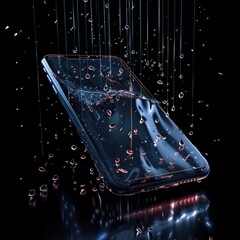 Transparent smartphone screen with rain animation showing shopping offers and discounts, blending modern ecommerce design with weather effects for engaging user experience. AI generated illustration.
