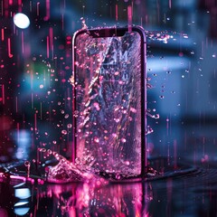 Transparent smartphone screen with rain animation showing shopping offers and discounts, blending modern ecommerce design with weather effects for engaging user experience. AI generated illustration.