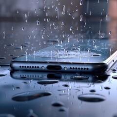 Transparent smartphone screen with rain animation showing shopping offers and discounts, blending modern ecommerce design with weather effects for engaging user experience. AI generated illustration.