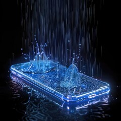 Transparent smartphone screen with rain animation showing shopping offers and discounts, blending modern ecommerce design with weather effects for engaging user experience. AI generated illustration.