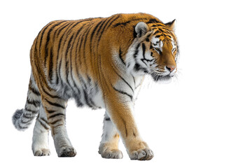 Majestic siberian tiger walking confidently across the frame on a black background