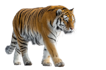 Majestic siberian tiger walking confidently across the frame on a black background