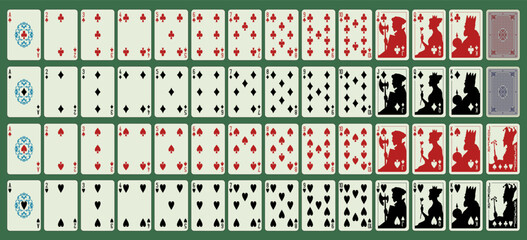 Playing printable vector cards for gambling (poker, bridge), deck of 52 cards. Silhouette, portrait of the King, Queen, Jack and Joker and suits: spades, hearts, diamonds, clubs. Design №3.