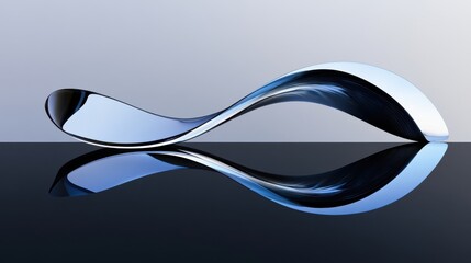 A contemporary metallic sculpture twists gracefully, creating elegant curves. It reflects ambient light and casts a striking shadow on a dark surface, enhancing its artistic appeal