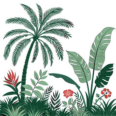 Tropical vintage botanical palm trees, banana tree, green plants floral seamless border white background. vector	