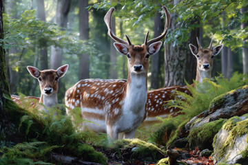 Naklejka premium Deer family in a lush green forest during the early morning light