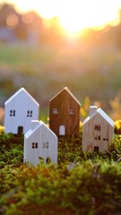 Sunset with Miniature Houses, and Mossy Field.
