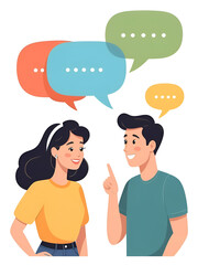 Fototapeta premium Young couple talking together. People communicating. Positive communication of multinational friends. People conversation with speech bubbles. Flat vector cartoon illustration isolated on white