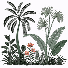 Tropical vintage botanical palm trees, banana tree, green plants floral seamless border white background. vector	