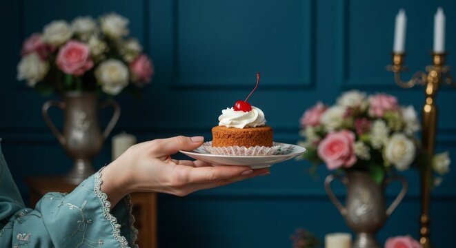 close up of woman's hand holding saucer with cake, Marie Antoinette