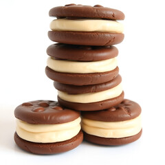 White background with chocolate cookies and cream filling stacked in a tower or pyramidal shape, chocolate cookies, cookie sandwich