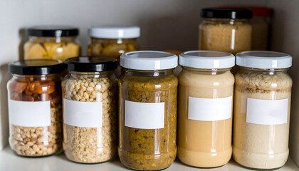Pantry organization concept. Jars of various preserved foods on a shelf, labels ready for text. Storage and abundance. Food security, prepping, home.