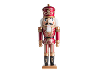 A full shot of a red and gold nutcracker with a white beard and mustache on a white or transparent background