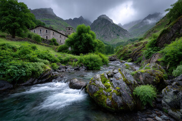 Serene river flows through lush valley with ancient building and mountains in background