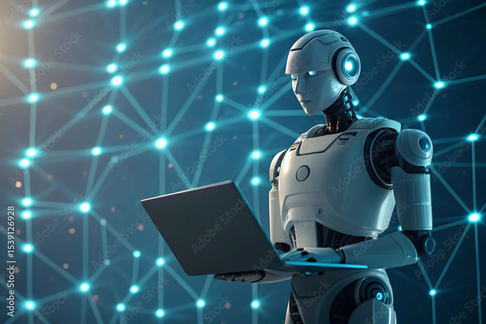Poster advanced ai robot using laptop computer, futuristic technology concept