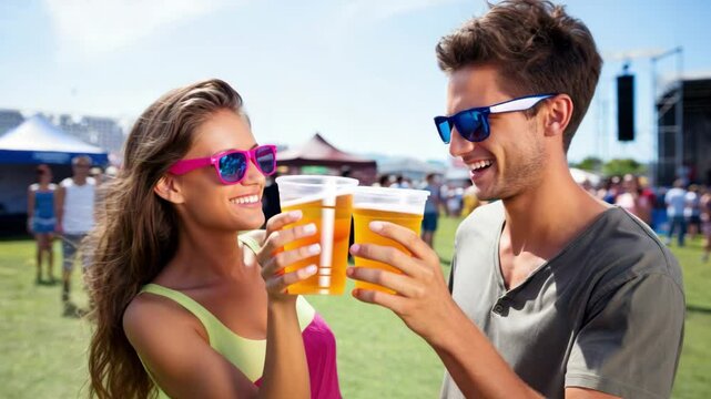 Young couple clinking beer glasses at outdoor music festival, summer event, social celebration, craft beer