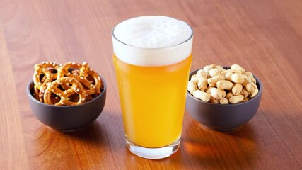 Glass of craft beer with foam served with pretzels and peanuts on wooden table for International Beer Day
