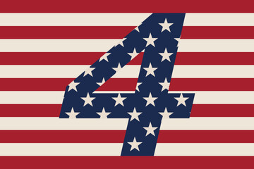 Number 4 with American flag pattern on striped background. Patriotic USA theme. Independence Day celebration. Design for banner, poster, greeting card, invitation, postcard, print