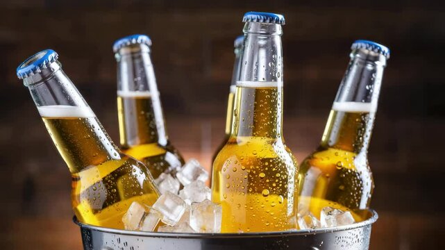 Cold beer bottles with condensation in ice bucket on bar counter for International Beer Day celebration