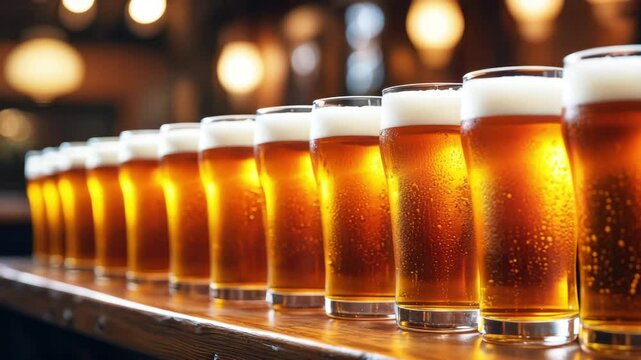 Row of beer pints with foam on bar counter in pub during International Beer Day celebration