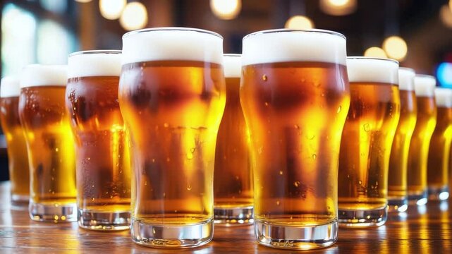 Multiple pint glasses filled with craft beer lined up on bar counter during festive celebration