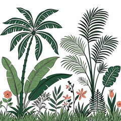 Tropical vintage botanical palm trees, banana tree, green plants floral seamless border white background. vector	