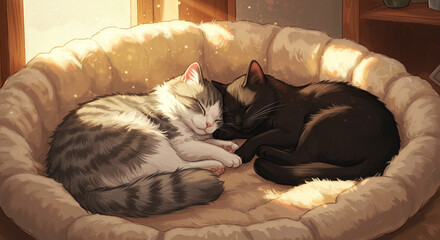 Two kittens sleeping comfortably together on the pillow