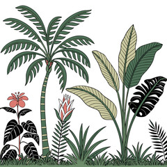 Tropical vintage botanical palm trees, banana tree, green plants floral seamless border white background. vector	