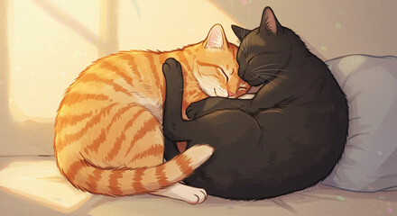 Two kittens sleeping comfortably together on the pillow
