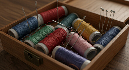 Sewing box with colorful threads, needles and pins on wooden surface