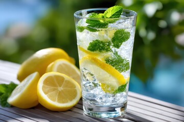 Refreshing mint lemonade served in a clear glass on a wooden table outdoors during summer