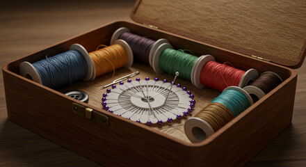 Sewing box with colorful threads, needles and pins on wooden surface