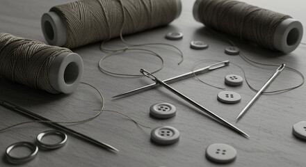 Gray threads, needles and pins on gray surface