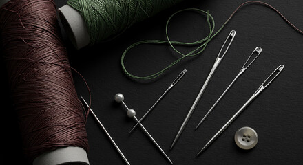 Threads, needles and pins on surface